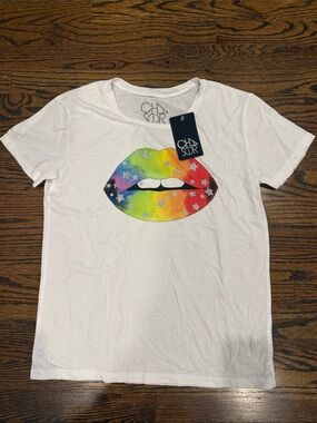 Chaser White Tee with Rainbow Lip and Star Graphic